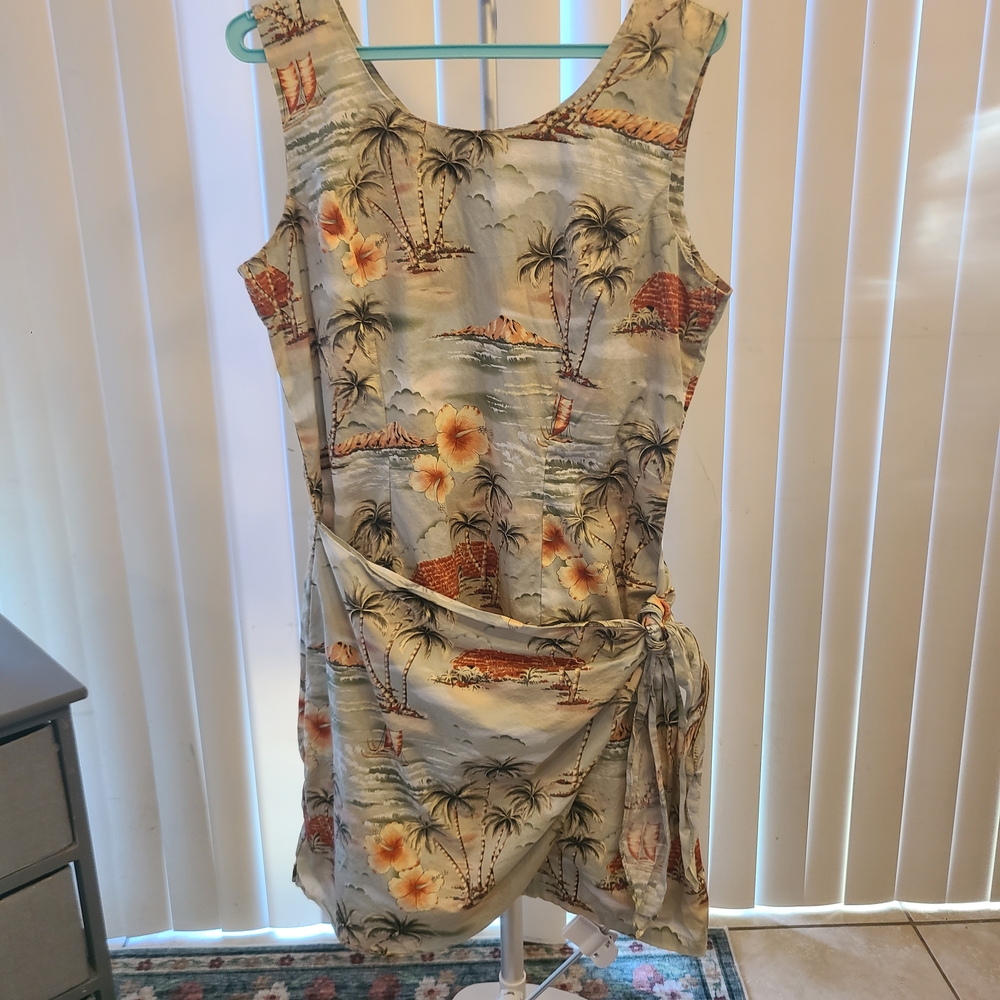KY's Made in Hawaii Mini Dress 100% Cotton, Tan/Green Floral, Faux Wrap  X-Large